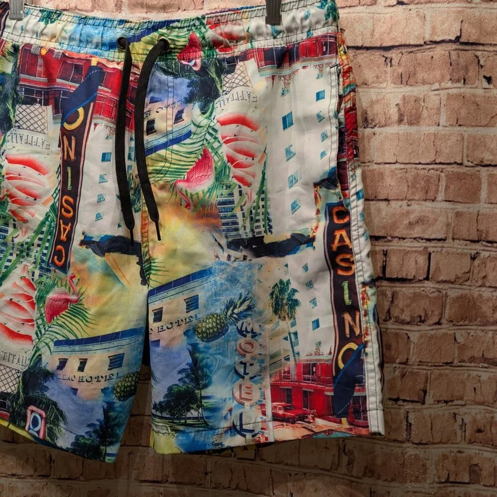 Surf Society Swim Shorts Colorful Casino Print  Size Large